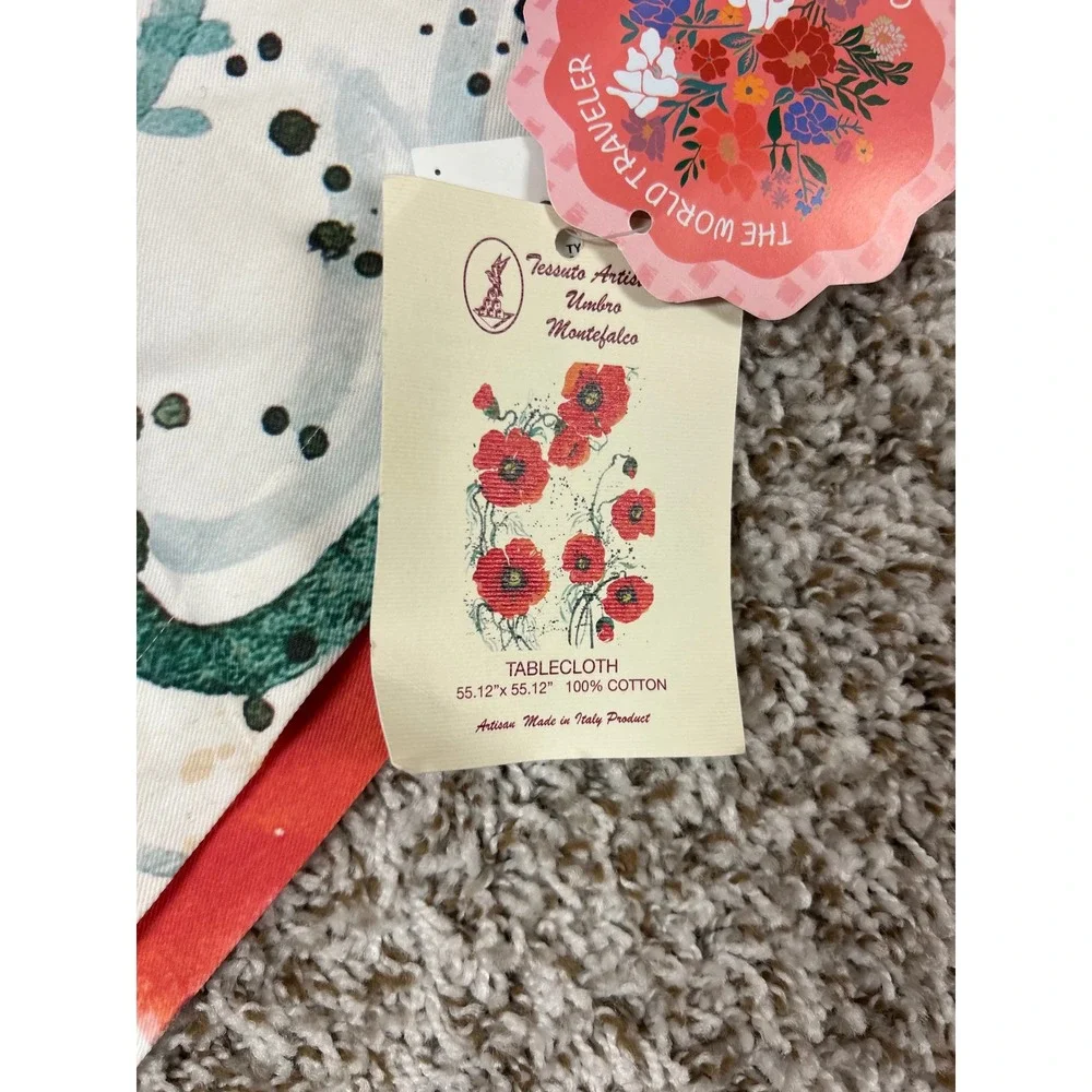 Tessuto Artigiano Umbro Montefalco Red Poppy Cotton Tablecloth 55x55 Italy NEW